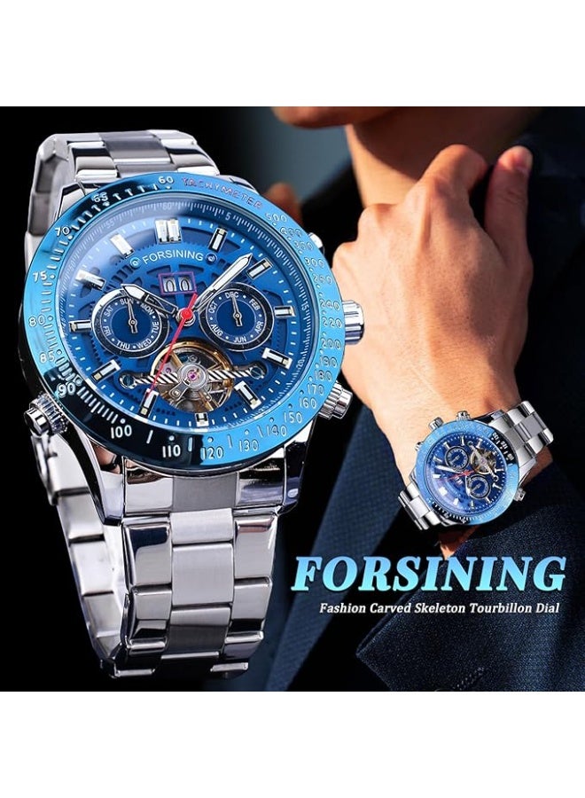 FORSINING Men Tourbillon Mechanical Self-Wind Watch, Day Date Month Full Calendar, Luminous Tachymeter Multifunctional Automatic Watches, Carved Big Dial Stainless Steel Band Wrist Watch - Image 3